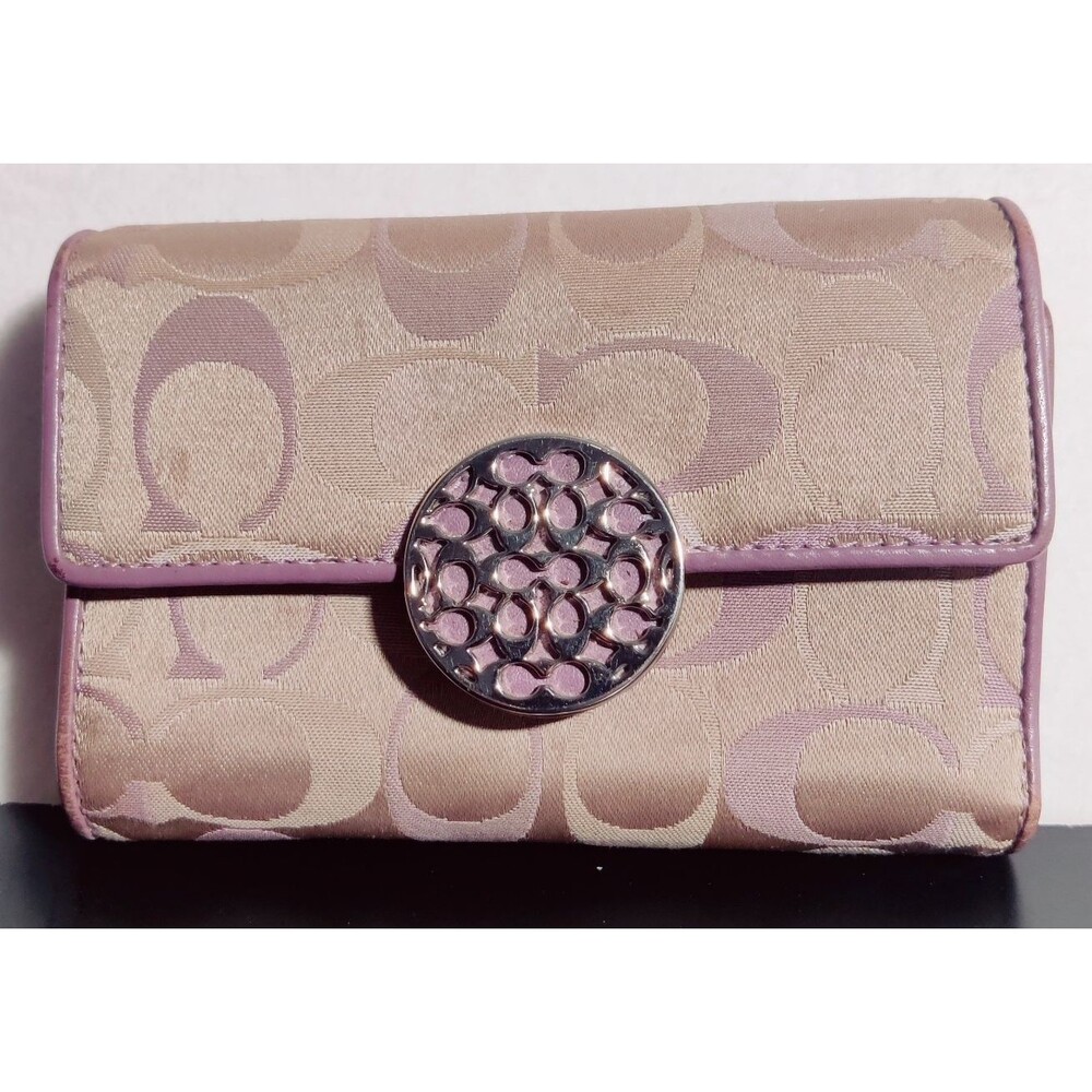 Coach Signature Trifold Canvas/Leather Wallet Lavender Trim Snap Wallet